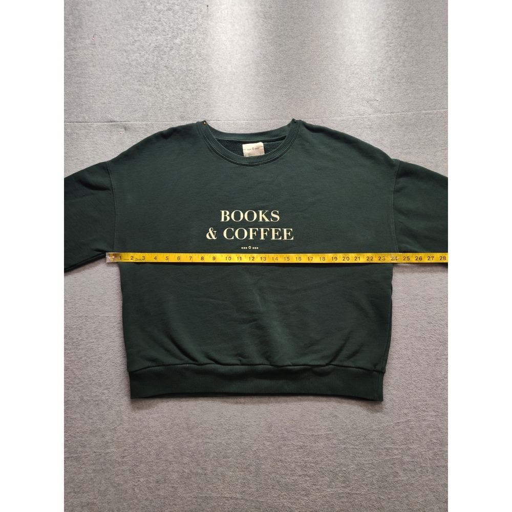 Books & Coffee Women Sweatshirt L Dark Green 100% Cotton Graphic Comfy Pullover - Picture 9 of 16